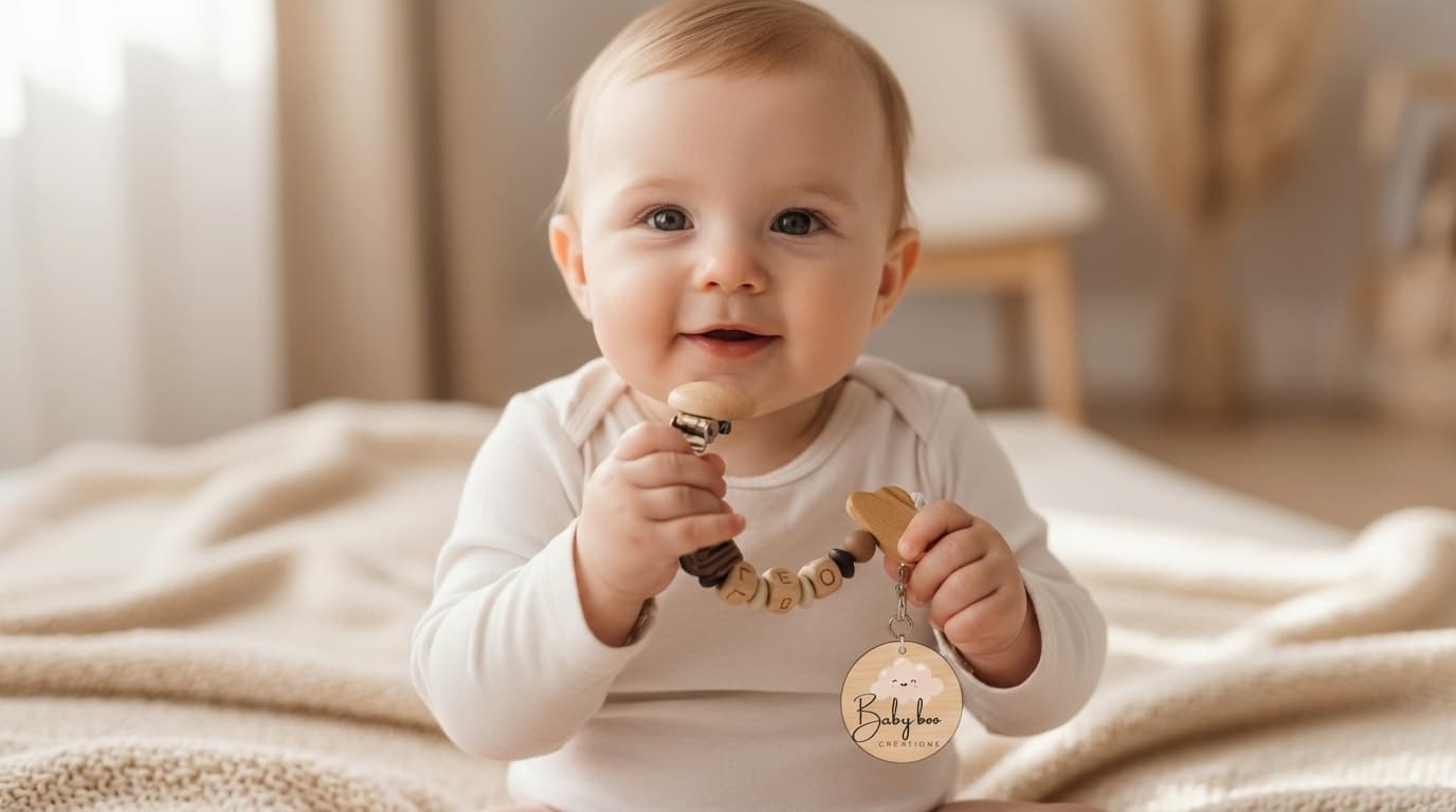 Bébé avec attache-lolette personnalisée LEO — Babyboo Créations