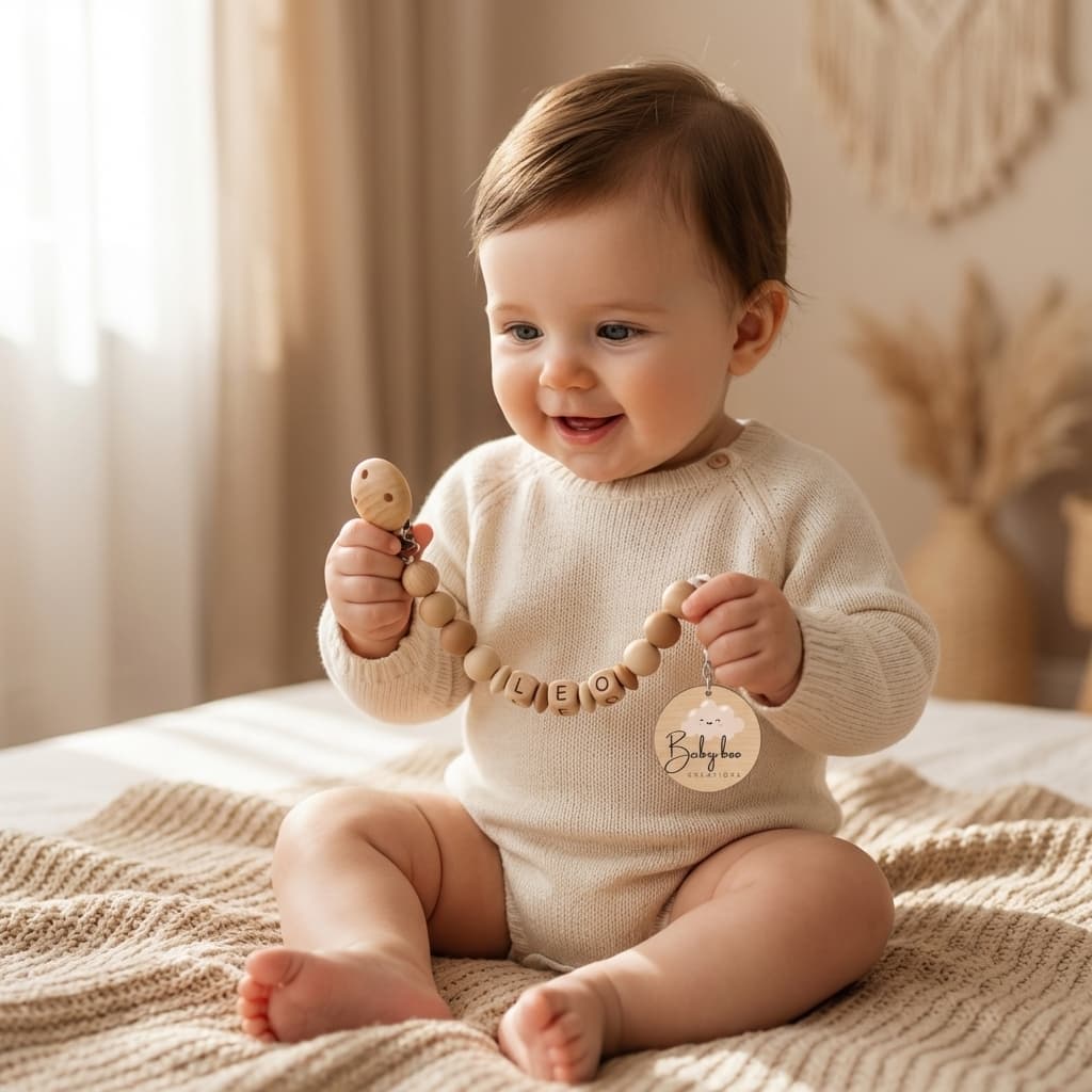 Bébé souriant avec chaîne de perles personnalisée LEO — Babyboo Créations